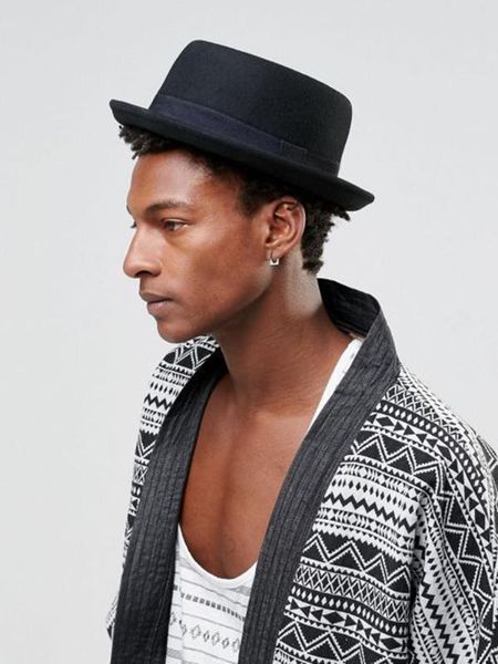 

4 size 100% wool men pork pie hat for dad black fedora hat for gentleman flat bowler porkpie jazz, Blue;gray