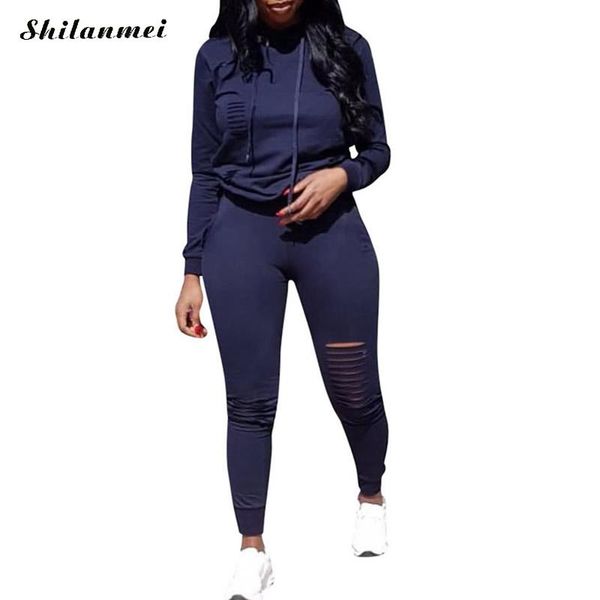 

two piece set tracksuit for women 2018 long sleeve sweatshirt hoodies and hole pants autumn ripped casual outfit sweat suits, Gray