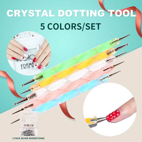 

5pcs/lot picking crystal dotting tool wax pencil nail pencil set black dots painting tools for rhinestones for manicure, Silver