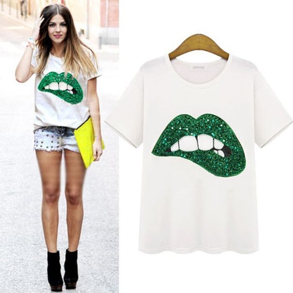 

women's t-shirt summer new large size loose lip hand-printed cotton round neck pullover short-sleeved two-color t-shirts, White