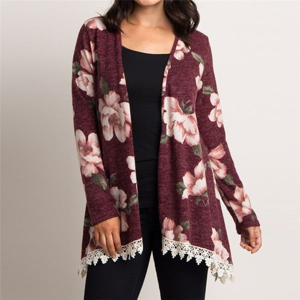 

2019 женщины кружева длинные плащи цветочные печати сыпучие v шеи вскользь весна осень верхняя одежда куртки ветровки пальто блуза s-2xl 201, Tan;black