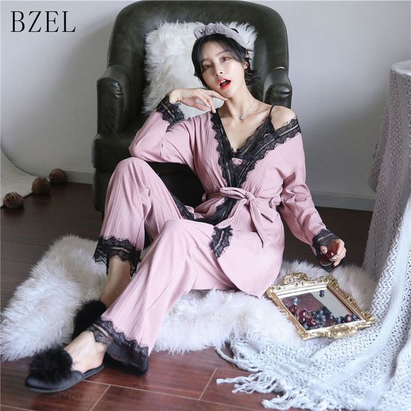 

bzel autumn winter pajamas sets with belt lace sleepwear v-neck nightwear casual home wear 3 three piece set female pyjamas, Blue;gray