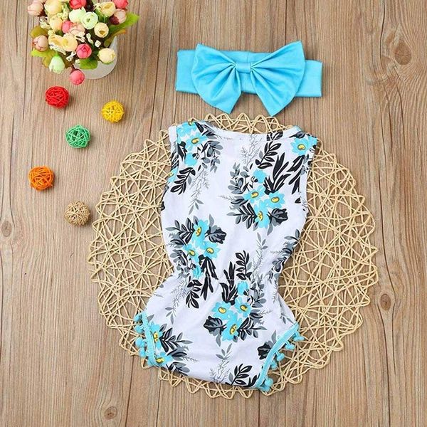

newborn baby girls print romper headband summer bodysuit (p color, Blue