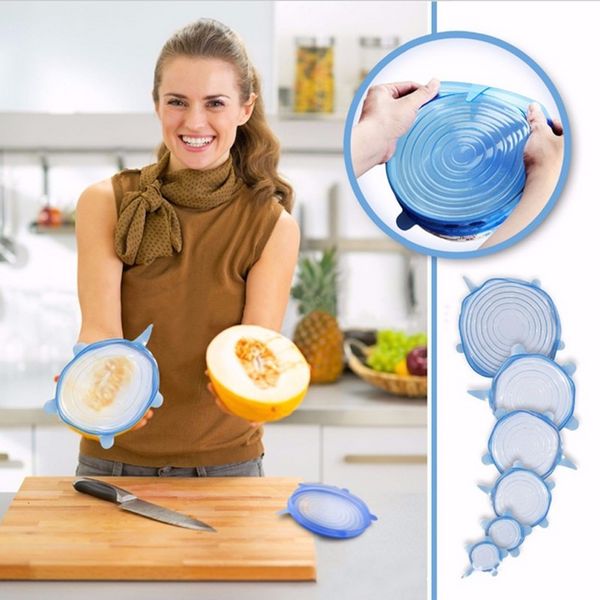 

new 6pcs multifunctional fresh keeping saran wrap kitchen tools reusable silicone wraps seal vacuum cover lid stretch