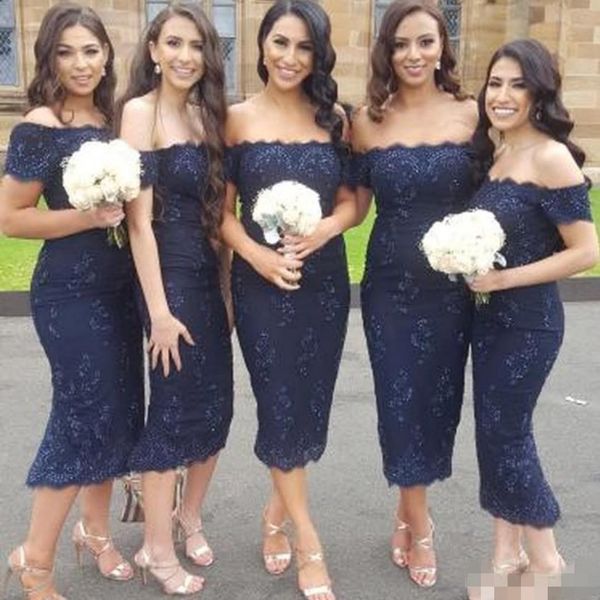 

navy blue short bridesmaid dresses cap sleeves off the shoulder lace applique tea length made of honor gown country wedding guest wear, White;pink
