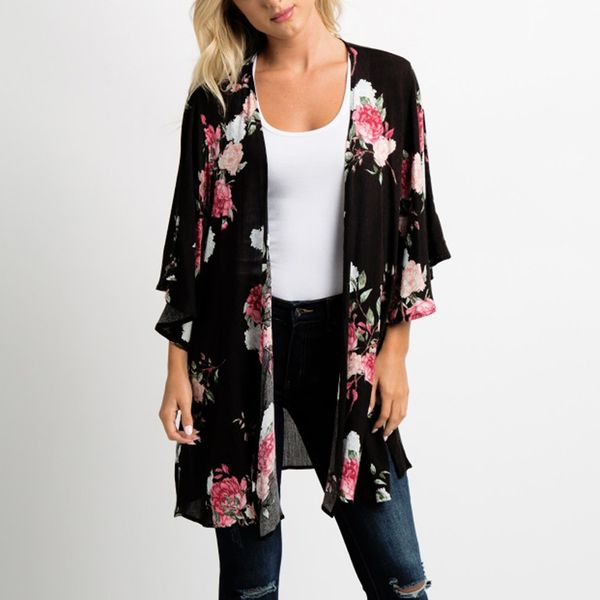 

2019 summer women cardigan floral print chiffon kimono cardigan ladies long beach cover up beachwear, White