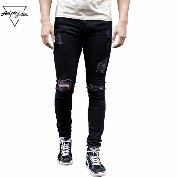 

aelfric eden jeans men ripped hole slim fit denim biker jean mens skinny hip hop black stretch casual pants xxxl trousers yg108, Blue
