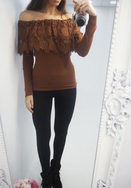 

свободный белый коричневый с длинным рукавом разрез шеи кружева топы тощий блуза summer tee рубашки блуза плеча женщин осень, White