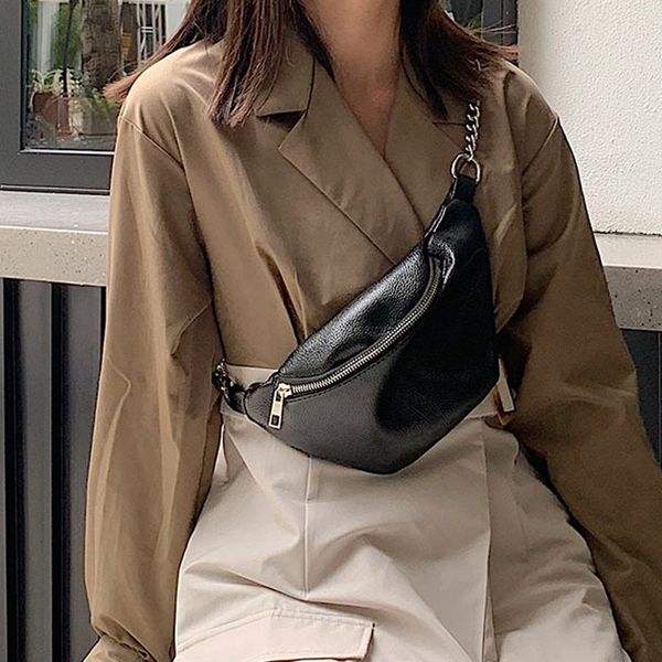 

2020 new fashion chain crossbody bag women waist bag black belt woman waist pack pu leather chest shoulder
