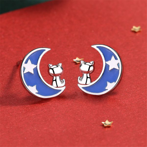 

new arrival animal cat puss on moon stud earrings cute minimalist s925 sterling silver earrings kids girls studs new year gift, Golden;silver