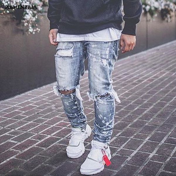 

puimentiua 2019 men's ripped skinny distressed destroyed slim fit stretch biker jeans pants with holes male autumn denim trouser, Blue