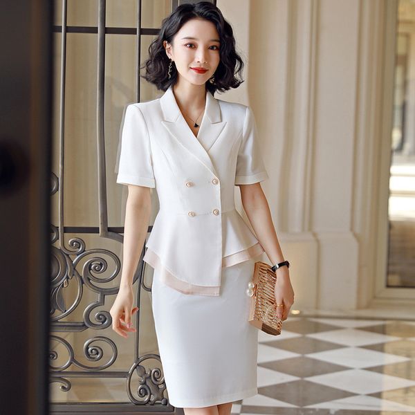 

women's suit skirt new slim double-breasted short-sleeved suit 2 piece set blazer skirt business casual formal female, White;black