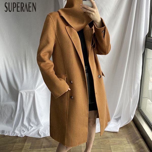 

superaen europe winter new woolen coat women 2020 solid color double-breasted ladies woolen coat female fashion women clothing, Black