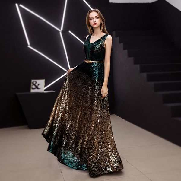 

new arrival v-neck sleeveless evening dresses prom dress classic formal gown long lace dark green gold sequins lace-up style 2021, Black;red