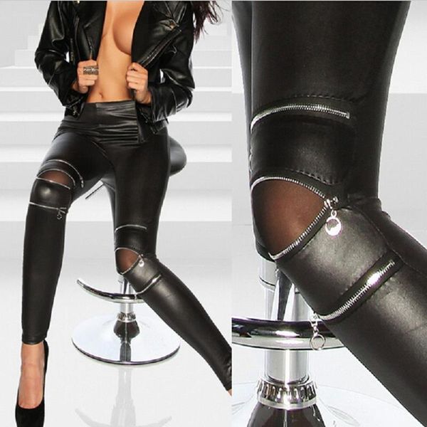 

three zipper european and american spring autumn women new classic leather leggings leather pants female feet legging, Black