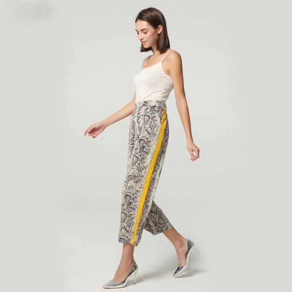 

ladies pants women elastic waist side striped snake skin pattern pants elastic waist pockets ladies casual streetwear trousers mujer, Black;white