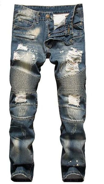 

мода марка mens fear of god ripped hole straight уничтожено denim байкер джинсы runway проблемные тонкие эластичные джинсы 0124, Blue