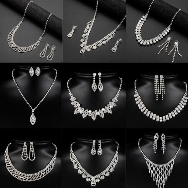 

crystal pendant bib choker chain statement necklace earrings wedding jewelry 1 set, Silver