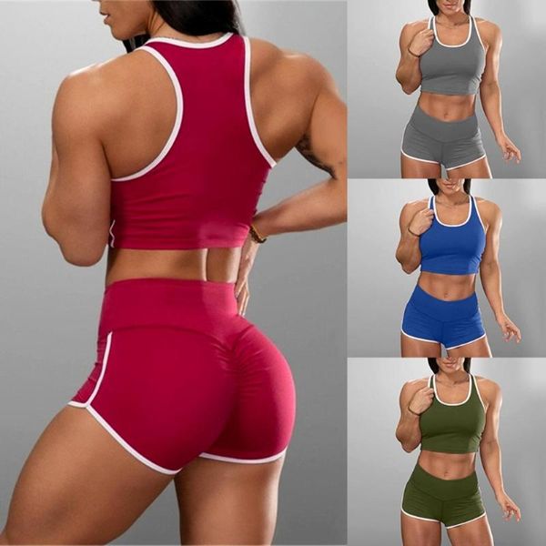 

summer sexy женщин набор 2 шт женщины tracksuit crop top камзол танки высокой талией шорты пятый брюки для gym спортивные женские наборы, White;red