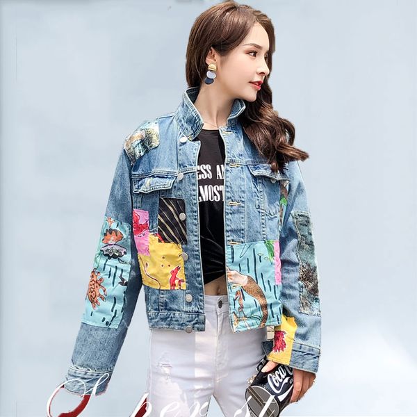 

2019 printing denim jacket female vintage cartoon appliques embroid coat jeans autumn spliced outerwear denim jackets for women, Black;brown