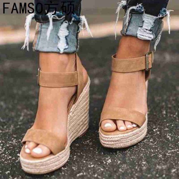 

famso 2019 new arrival shoes women sandals peep toe big size 34-43 print snake ankle wedges high heels platforms sandals, Black