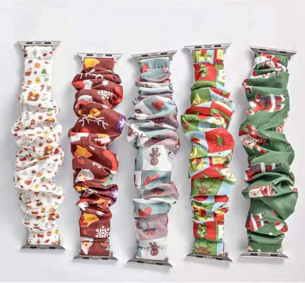 5 Farben Weihnachten Kinderuhr Scrunchie Bands 38mm 42mm elastische Scrunchies Armband Santa Claus Print Uhrengürtel Riemen M814