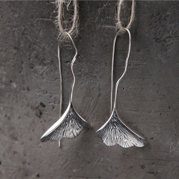 

s925 ginkgo leaf drop earrings retro foliage dangle earrings sterling silver vintage women elegant long jewelry