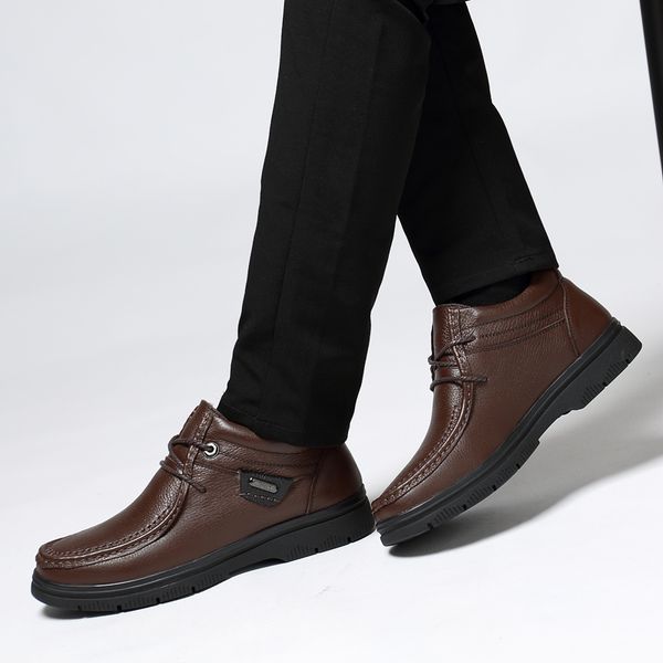 

natural leather men boots plus size warm men winter shoes winter ankle snow boots shoes, Black