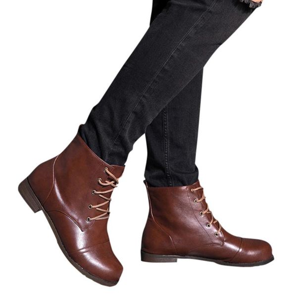 

men's lace-up ankle bare boots couple's square heel casual short booties male winter low heel glossy leather pu botas hombre, Black