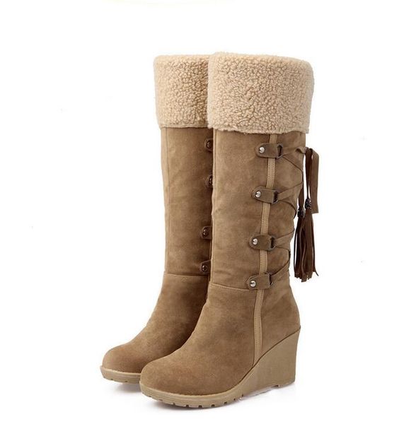 

2018 winter knee high women boots warm winter cattle leather fashion wedge warm snow boots high heel women shoes size 34-43, Black
