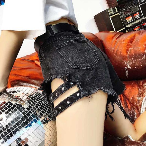 

bgteever black ripped holes jeans shorts street wear high waisted fringe denim shorts 2020 summer femme, White;black