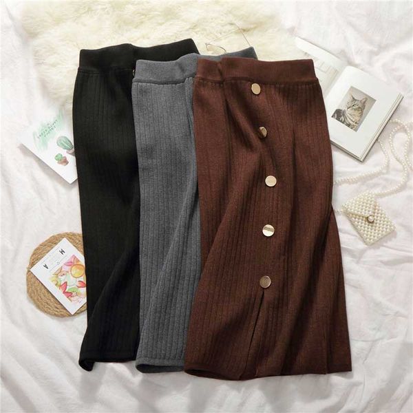 

nicemix winter vintage single breasted warm knitted skirt for women brown black womens slit knit skirts flexible elastic waistba