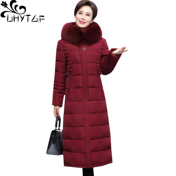 

uhytgf -5xl new long jacket women luxury fur collar hooded down jacket warm winter coat thick slim parker cotton outerwear1063, Black