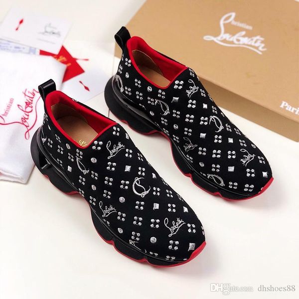

luxury fashion couple red spikes rivets rhinestone shoes women tennis shoes men dress party training shoes sneakers chaussures running shoe, Black