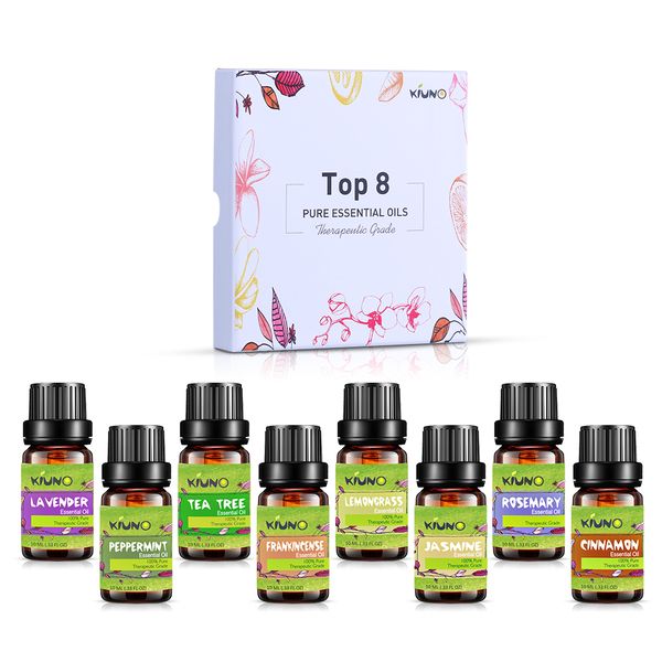 

kiuno 10ml 8pcs gift set pure essential oils humidifier aromatherapy lemon lavender peppermint tea tree frankincense oils