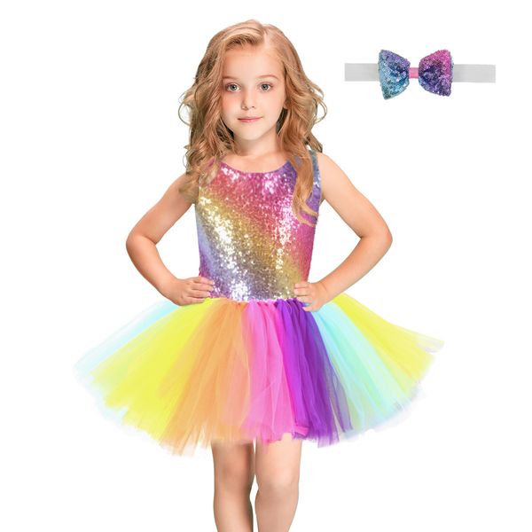 

unicorn sequin toddler girls dress rainbow girls pageant tulle dress kid party dress with bow tie, Red;yellow