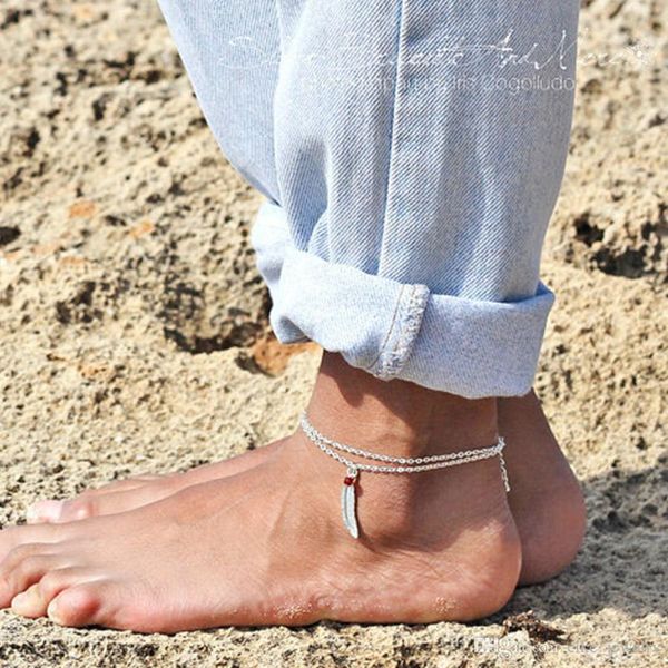 

fashion jewelry fleather shape silver colour metal plated two chain for women foot anklet small gift, Red;blue