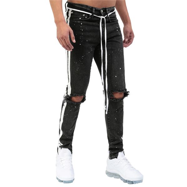 

kimsere mens destroyed painted jeans pants hi street ripped denim trousers with holes fashion streetwear distressed jeans black, Blue