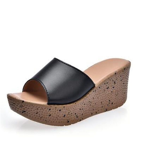 

women slippers genuine leather branded flip flops comfort platform slippers wedge womens slippers summer beach shoes chaussure femme 41, Black