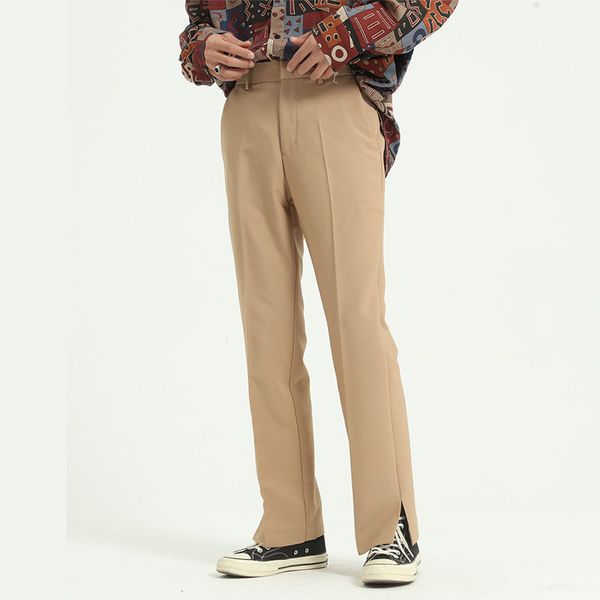 

men side split casual straight suit pant male japan korea style loose vintage fashion streetwear trousers solid color pants, White;black