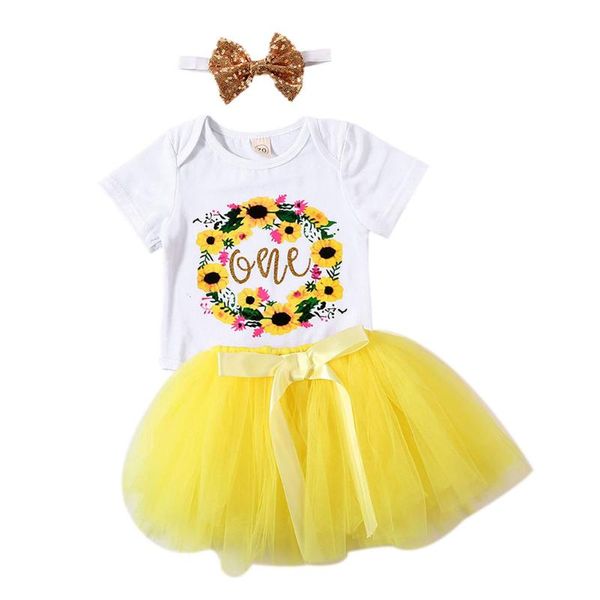 

baby toddler girl sunflower print short sleeve jumpsuit + tulle skirt 2 piece set, White