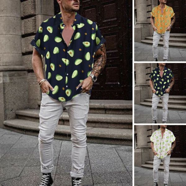 

summer avocado print men shirt turn-down collar short sleeve casual beach hawaiian shirts men streetwear camisa 2019 3xl, White;black