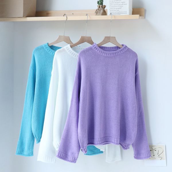 

mooirue autumn 2019 women kintted loose casual streetwear o neck long sleeve thin pullover white blue purple korean sweater, White;black