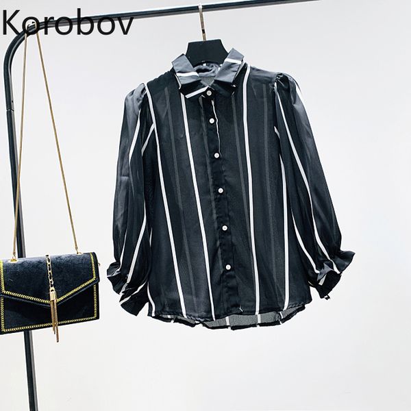 

korobov korean turn down collar long sleeve blouse women vertical stripes loose single breast black blusas spring chiffon shirt, White
