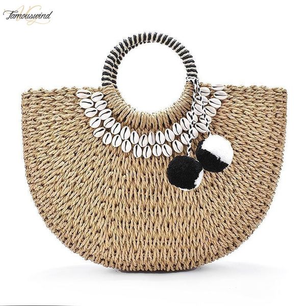 

woman fashion new creative shell moon straw bag scarf hair ball decoration straw bag portable woven beach handbag