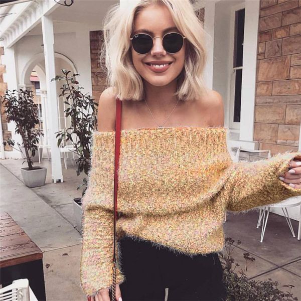 

women autumn off shoulder khaki plush sweater pullovers jumper pull femme slash neck knitwear oversized warm sweaters, Black