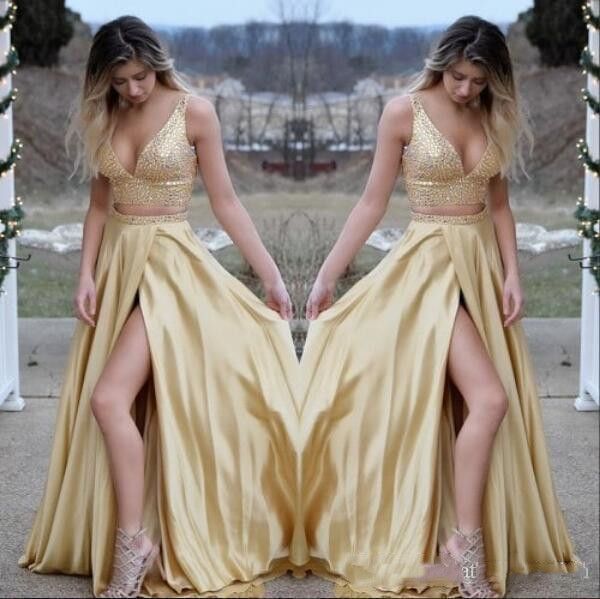 

gold two pieces satin v neck long prom dress slit court train dresses evening wear, Black