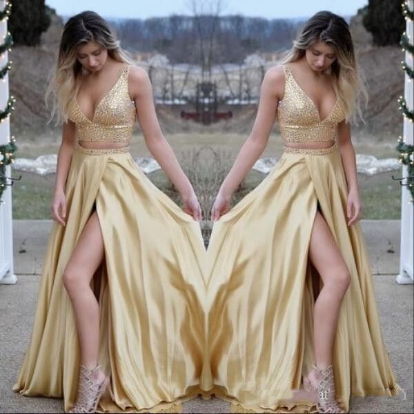 Sexy gold zwei stücke satin ven nein long prom dress schlitz eignung train kleider abend tragen