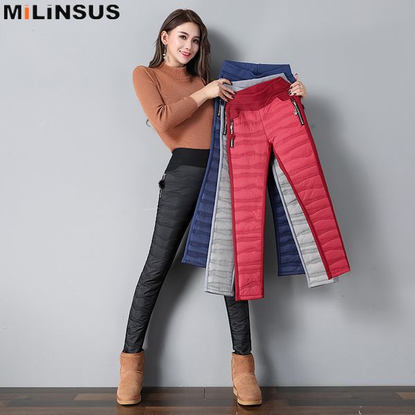 

2019 winter korean pants women down cotton high waist skinny warm pencil pants female black red elastic waist slim trousers, Black;white