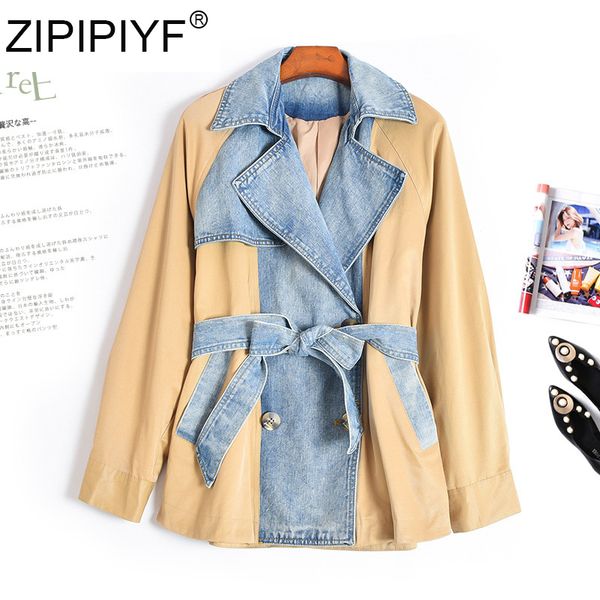

новое прибытие двубортной шнуровки denim лоскутных женщины пальто 2019 осень мода lady wear c2025, Tan;black